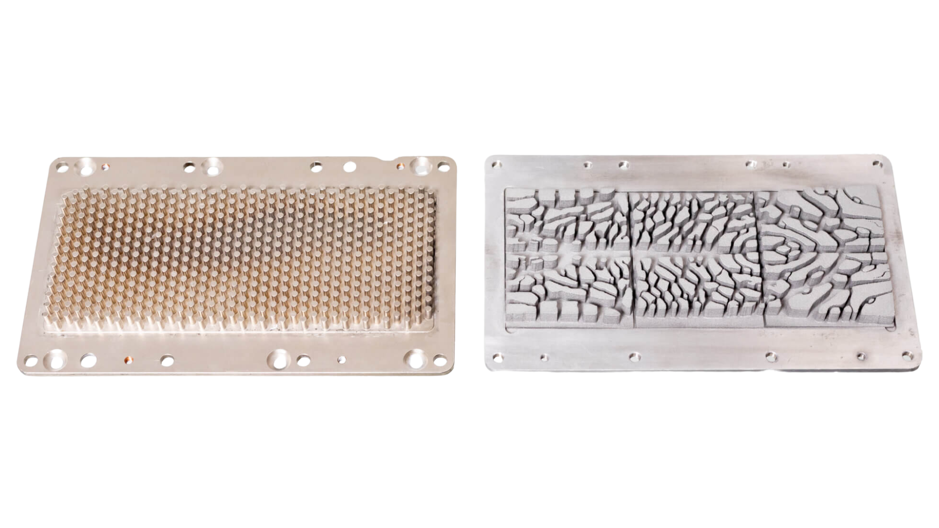Traditional pin-fin cold plate and a ToffeeX topology optimized cold plate side by side